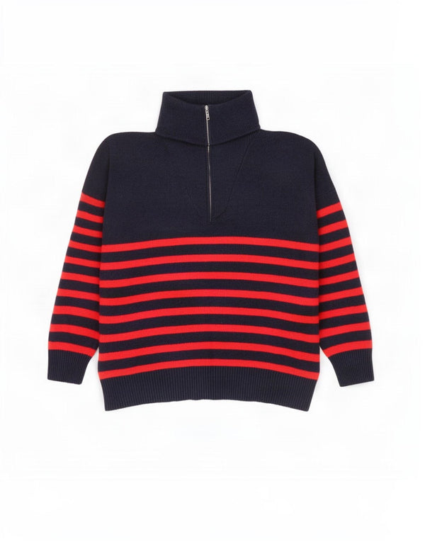 Zara Pull surdimensionné à col zippé pour femme UK 16 Large Bleu marine rayé