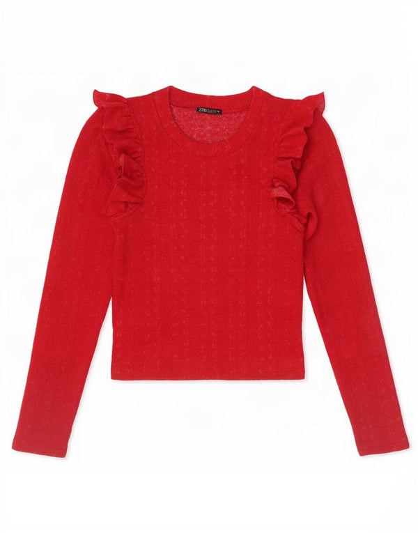 Zara Womens Crop Ruffle Front Top Manches Longues UK 8 Petit Rouge