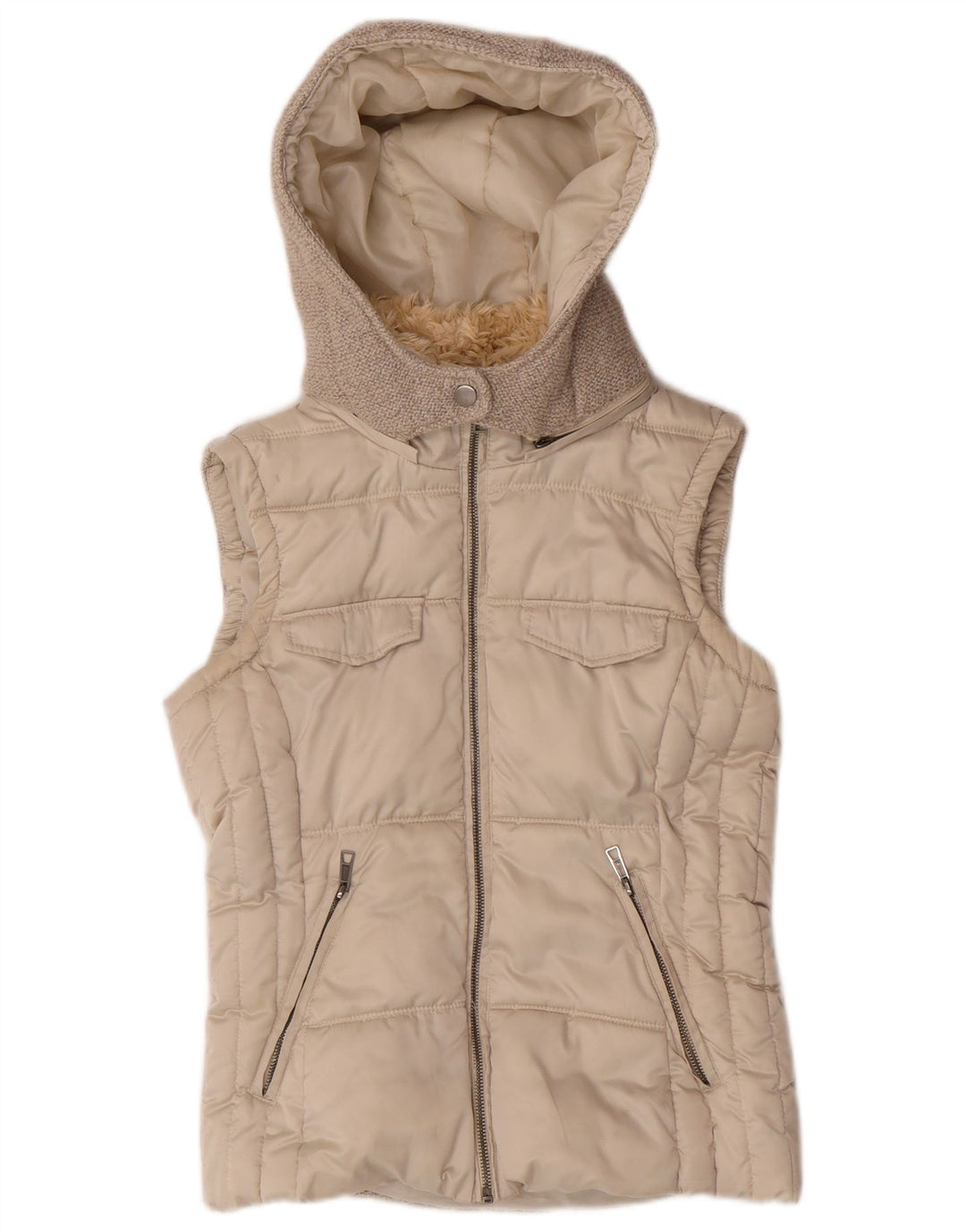 Zara Femme Gilet rembourré à capuche UK 10 Petit Polyester Beige