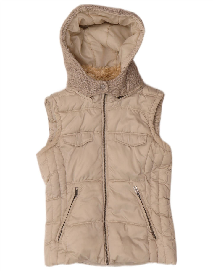 Zara Femme Gilet rembourré à capuche UK 10 Petit Polyester Beige