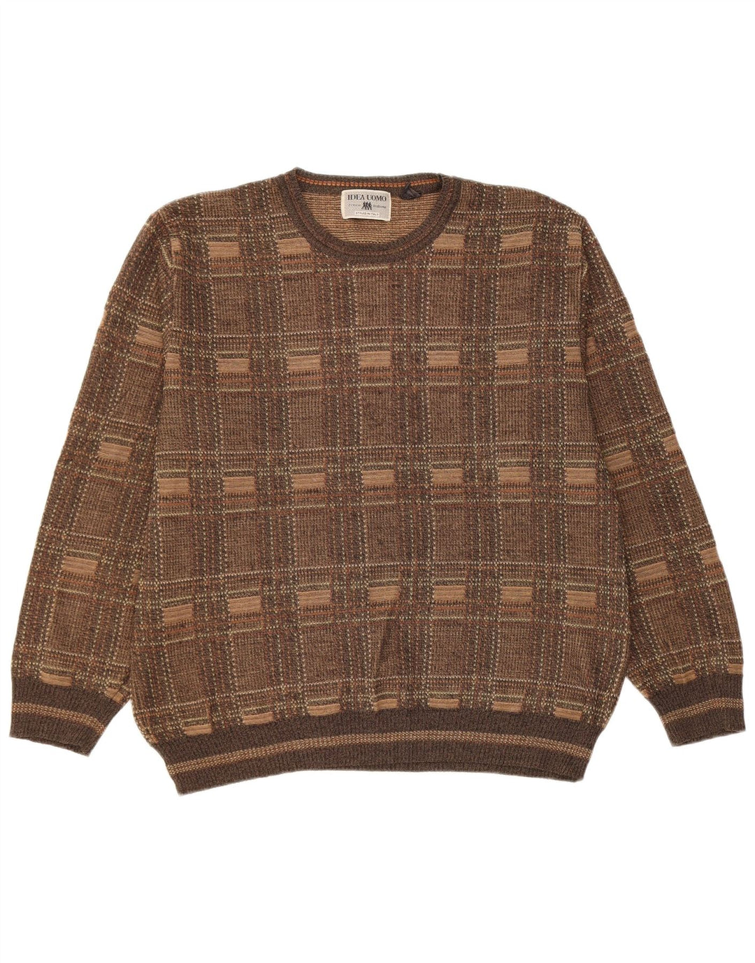 vintage Mens Crew Neck Jumper Pull Grand Carreau Marron