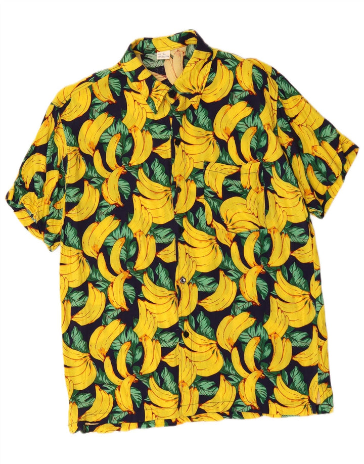 vintage Mens Abstract Pattern Chemise à manches courtes Grand coton jaune