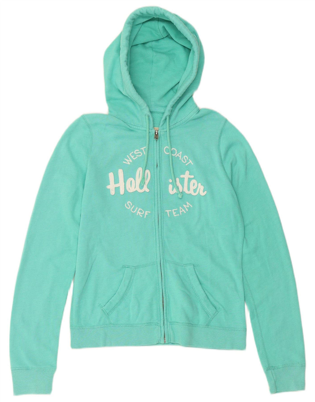 HOLLISTER Pull à capuche zippé graphique pour femme UK 14 Coton turquoise moyen