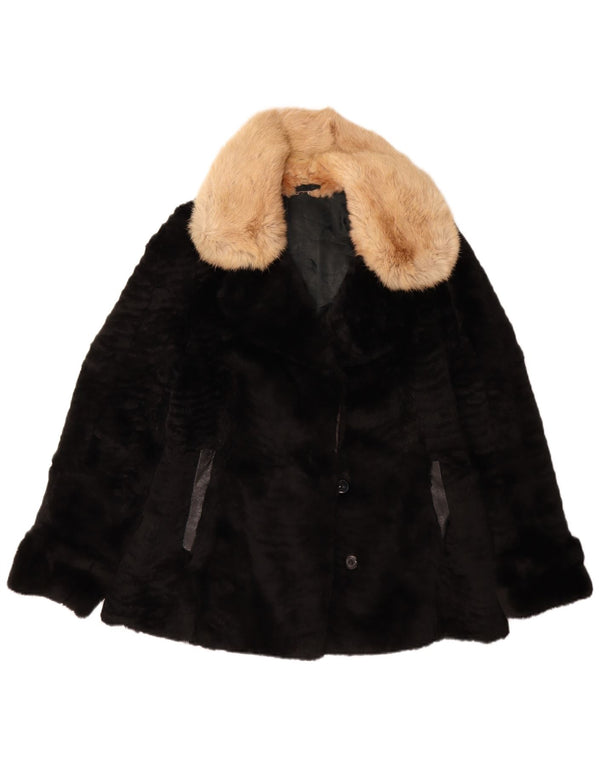 VINTAGE Veste en fausse fourrure femme UK 14 Moyen Noir
