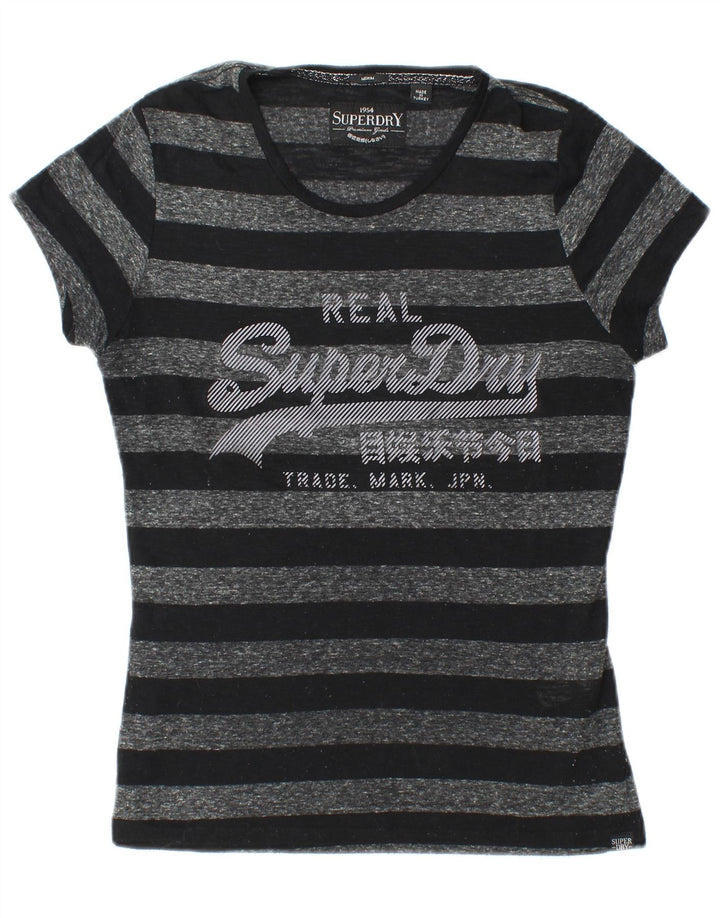 Superdry Femme T-Shirt Graphique Top UK 12 Polyester Rayé Noir Moyen