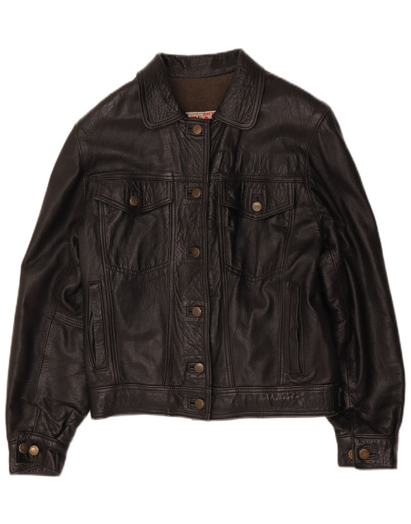 veste en cuir surdimensionnée femme vintage UK 10 Petit Noir