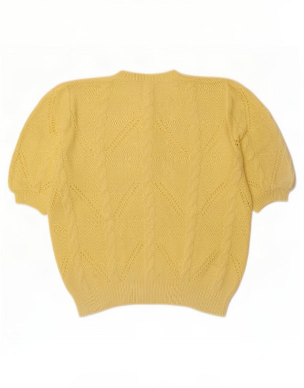 vintage Femmes Manches Courtes Bouton Cou Jumper Pull UK 18 XL Jaune