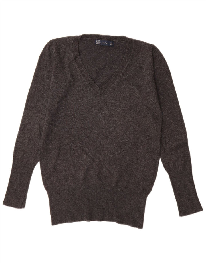 Zara Pull col V pour femme UK 12 Rayonne Gris Moyen