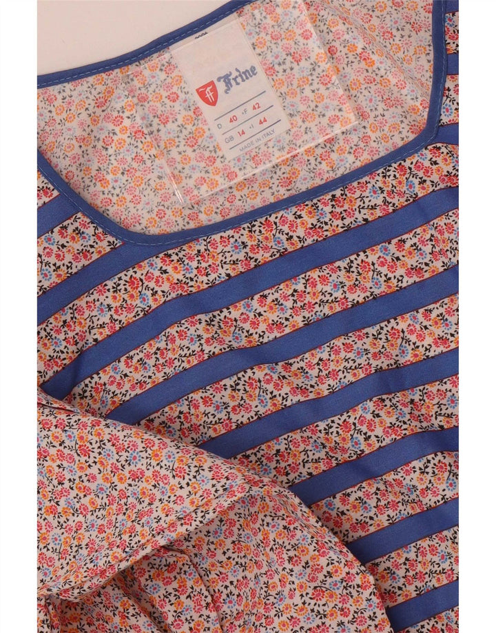 vintage Femme Manches Longues Maxi Robe UK 14 Polyester Rayé Bleu Moyen