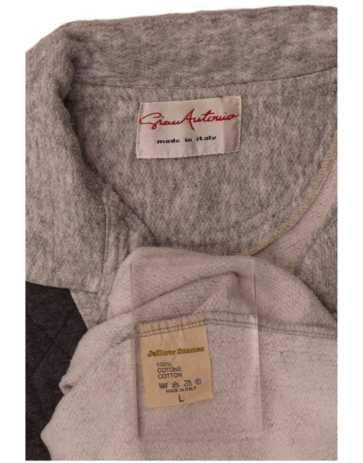 VINTAGE Homme Polo Neck Sweatshirt Jumper Grand Gris Colorblock Coton