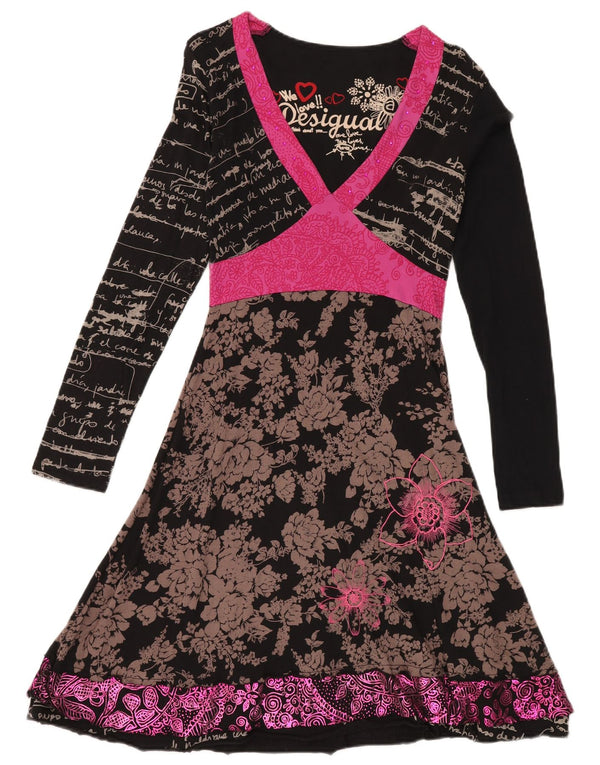 DESIGUAL Robe trapèze graphique à manches longues pour femme UK 12 moyen noir floral