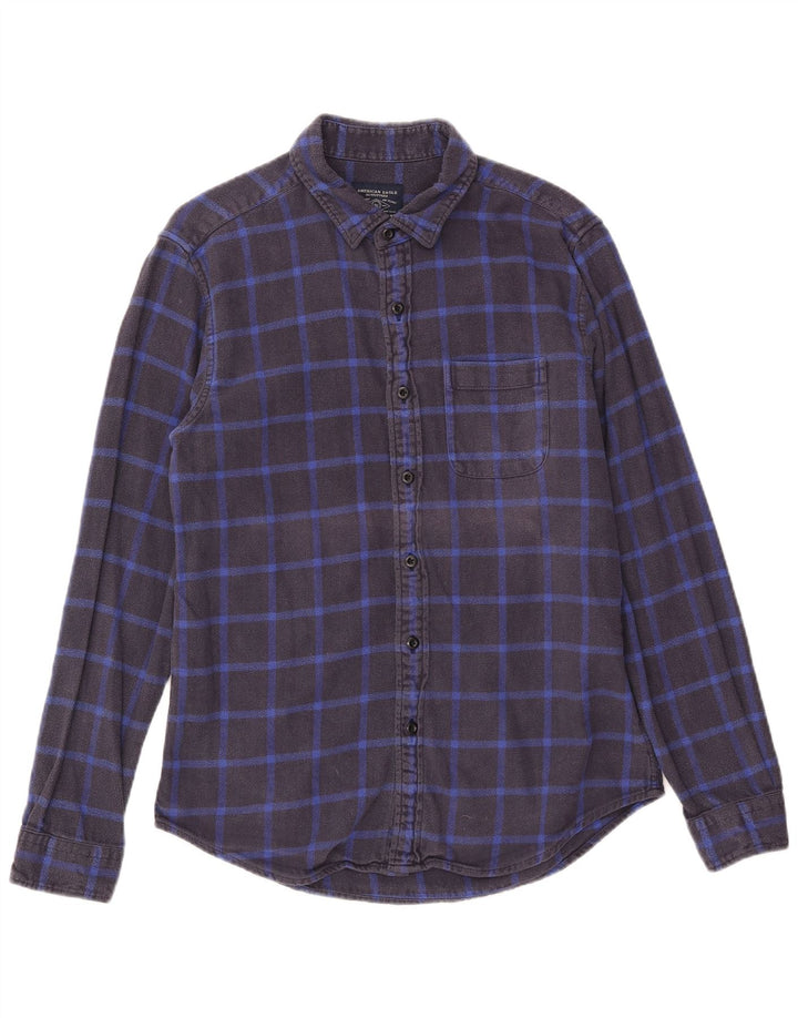 American Eagle Chemise en flanelle pour homme en coton à carreaux bleu marine moyen