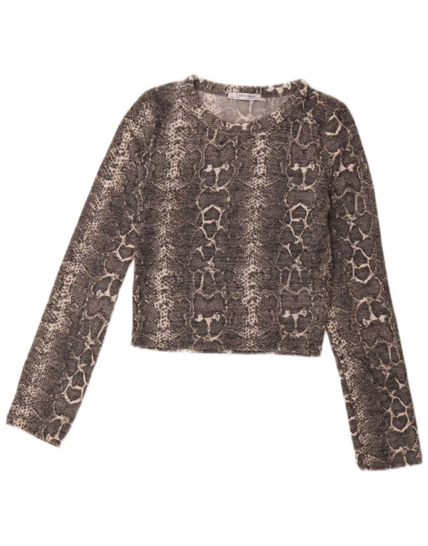 Zara Womens Crop Top Manches Longues UK 8 Petit Gris Animal Print Viscose