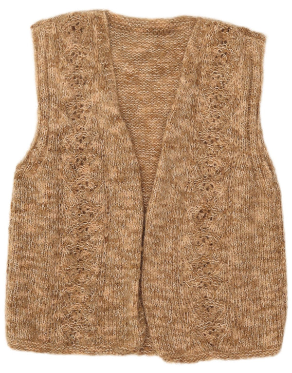 vintage Femmes Sans Manches Ouvert Cardigan Pull UK 16 Grand Brun Moucheté