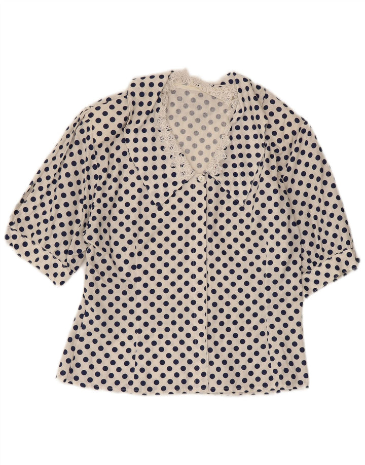 VINTAGE Femme 1/2 Manches Chemise Blouse UK 12 Moyen Blanc À Pois