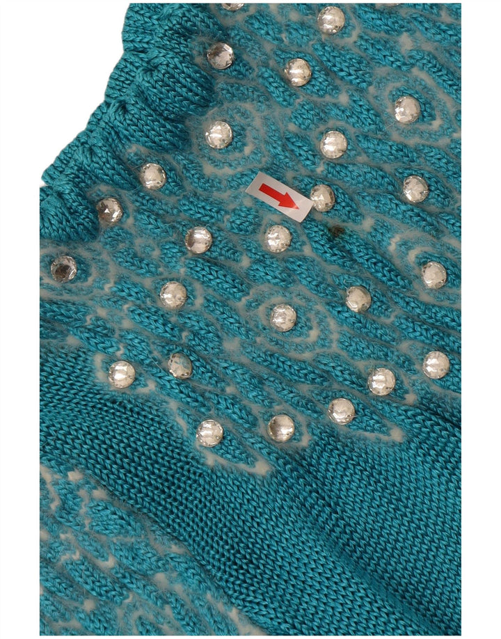 vintage Femmes Motif Abstrait Crew Neck Jumper Pull UK 14 Grand Bleu