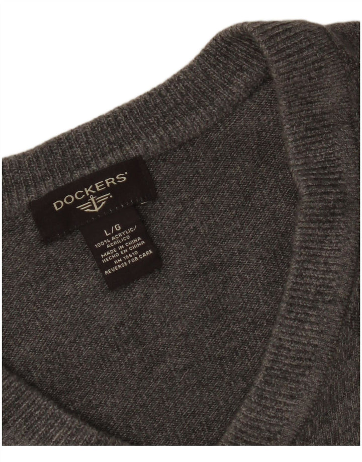 DOCKERS Mens V-Neck Jumper Sweater Large Grey Acrylic