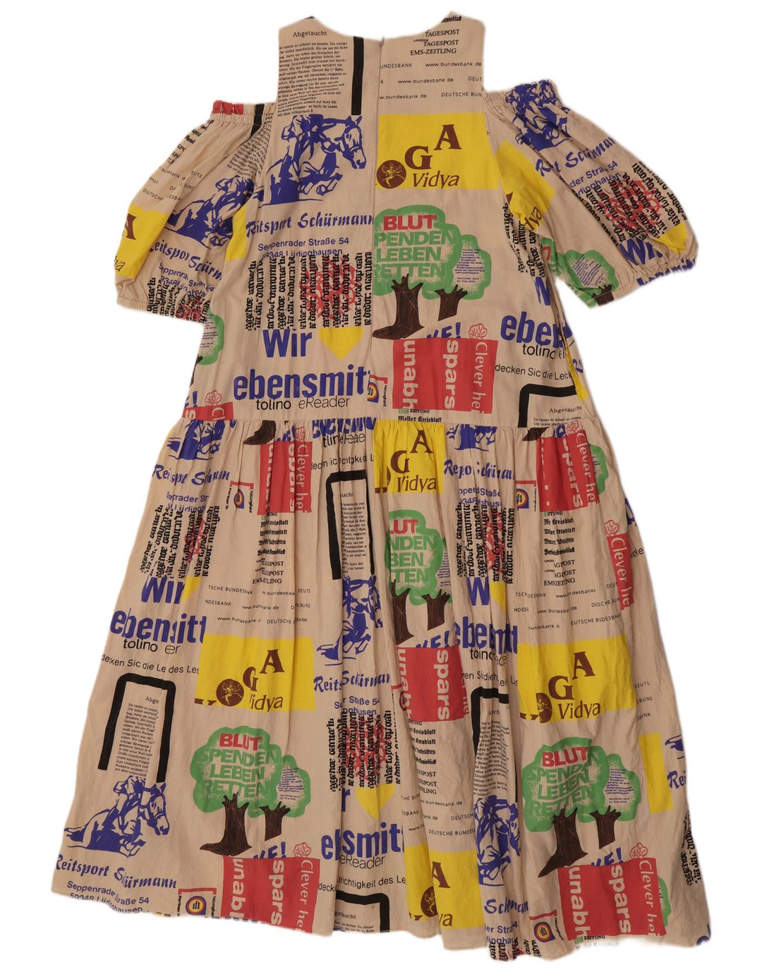 vintage Femme Graphique Hors Épaule Robe UK 14 Beige Moyen