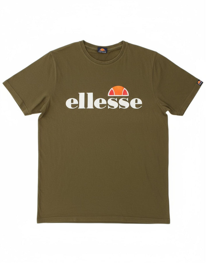 ELLESSE Mens Graphic T-Shirt Top Medium Khaki Cotton