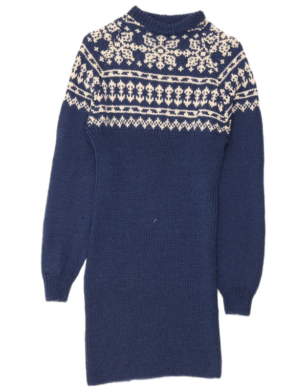vintage Femme Manches Longues Jumper Robe UK 10 Petit Bleu Fair Isle