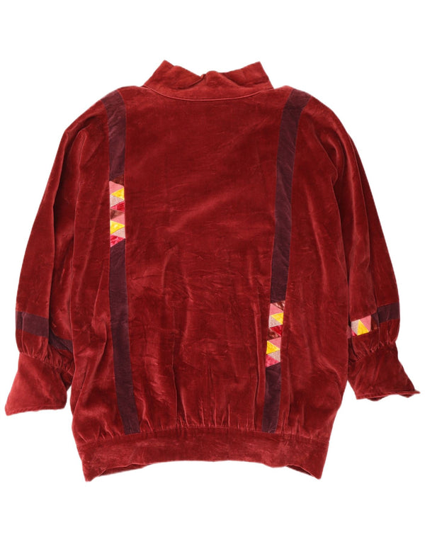 vintage Femmes Surdimensionné Velvet Bomber Jacket UK 24 3XL Rouge Géométrique