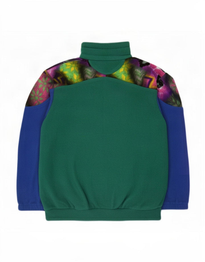 vintage Mens Button Neck Fleece Jumper Moyen Vert Colorblock Polyester