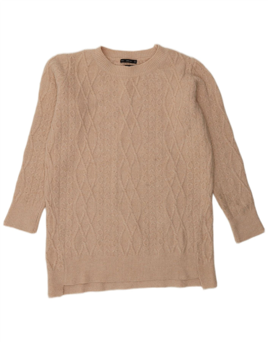 Zara Pull long à col rond pour femme Beige moyen UK 14