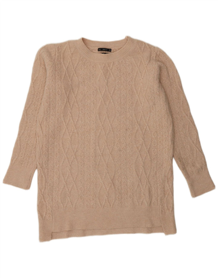 Zara Pull long à col rond pour femme Beige moyen UK 14