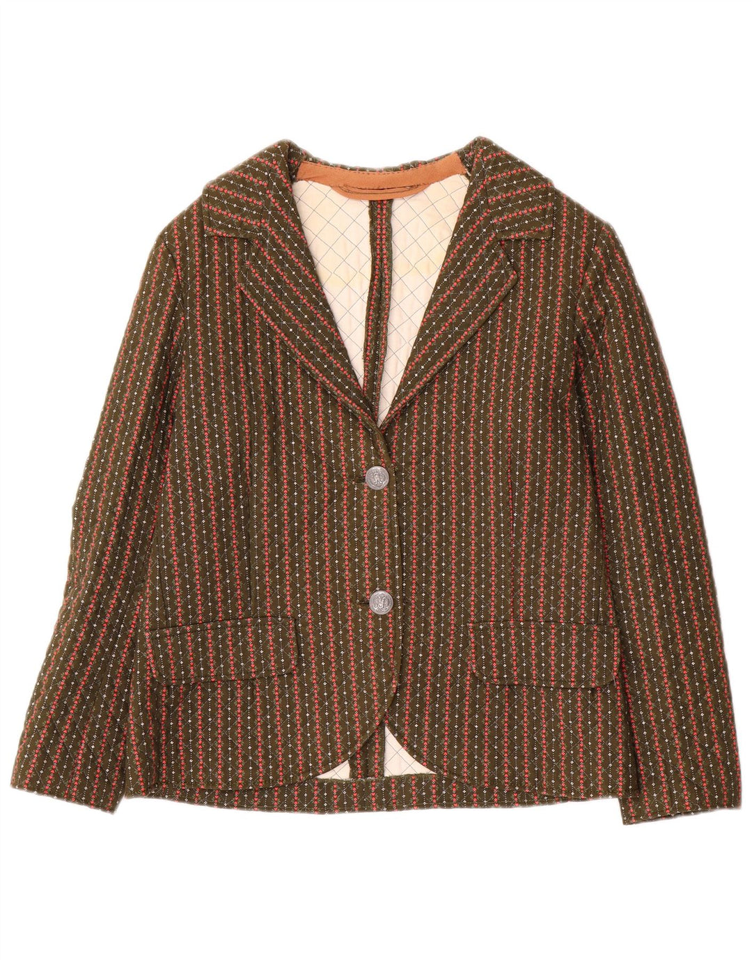 vintage Femmes 2 Bouton Blazer Veste UK 8 Petit Kaki Rayé