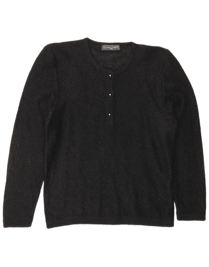 VINTAGE Femmes Bouton Neck Jumper Pull UK 10 Petit Mohair Moucheté Noir