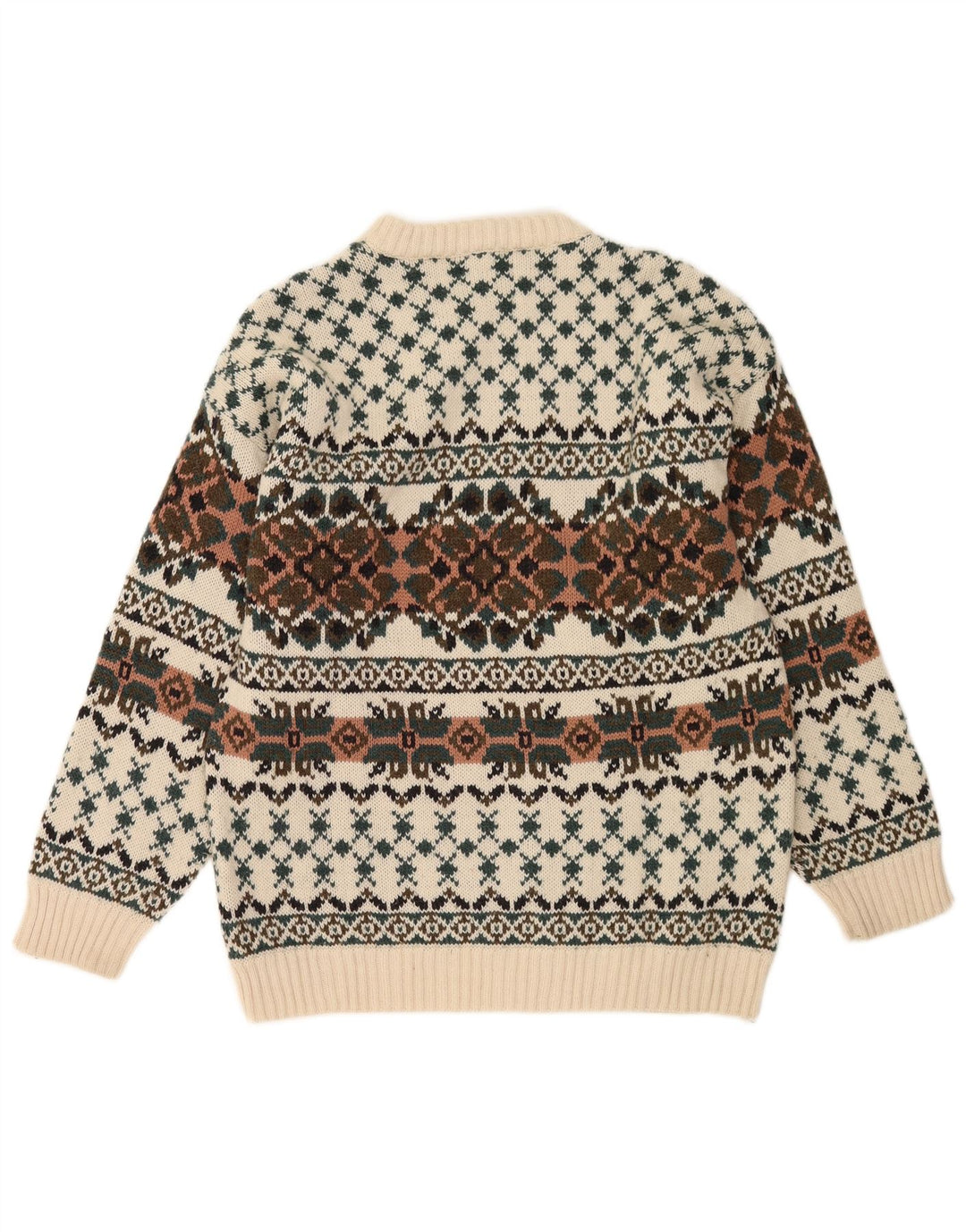 vintage Mens Crew Neck Jumper Pull IT 50 Moyen Blanc Fair Isle Laine