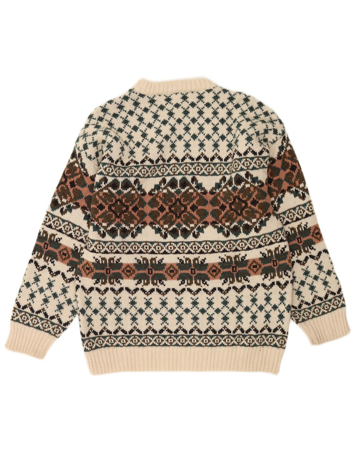 vintage Mens Crew Neck Jumper Pull IT 50 Moyen Blanc Fair Isle Laine