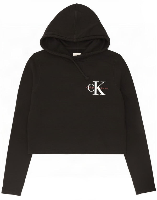 Calvin Klein Womens Crop Graphic Hoodie Jumper UK 10 Small Black Cotton