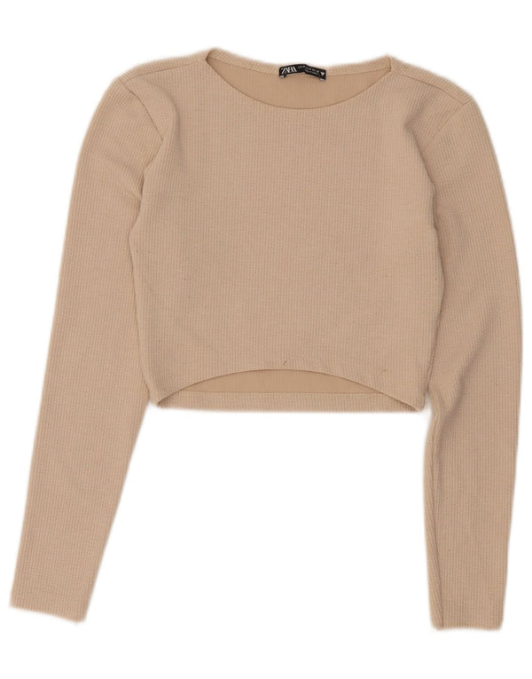 Zara Femme Crop Top Manches Longues UK 12 Polyester Beige Moyen