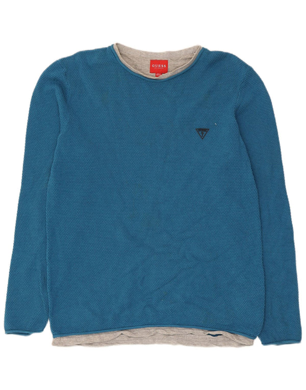 Guess Haut à manches longues pour hommes en coton color block bleu grand