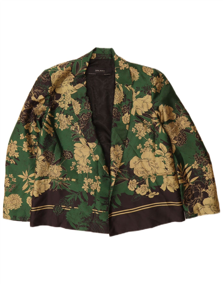 Zara Veste Blazer Ouverte Femme UK 14 Polyester Floral Vert Moyen