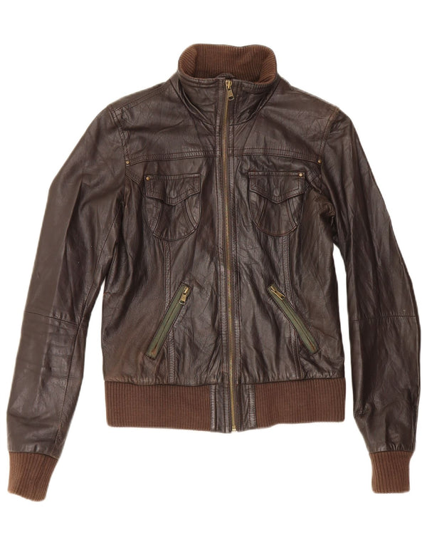 Bershka Womens Leather Jacket UK 12 Medium Brown