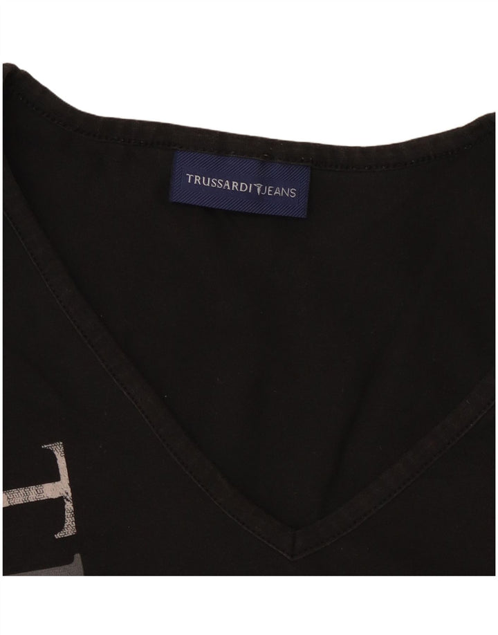 TRUSSARDI JEANS Haut court graphique à manches longues pour femme UK 14 Large Noir