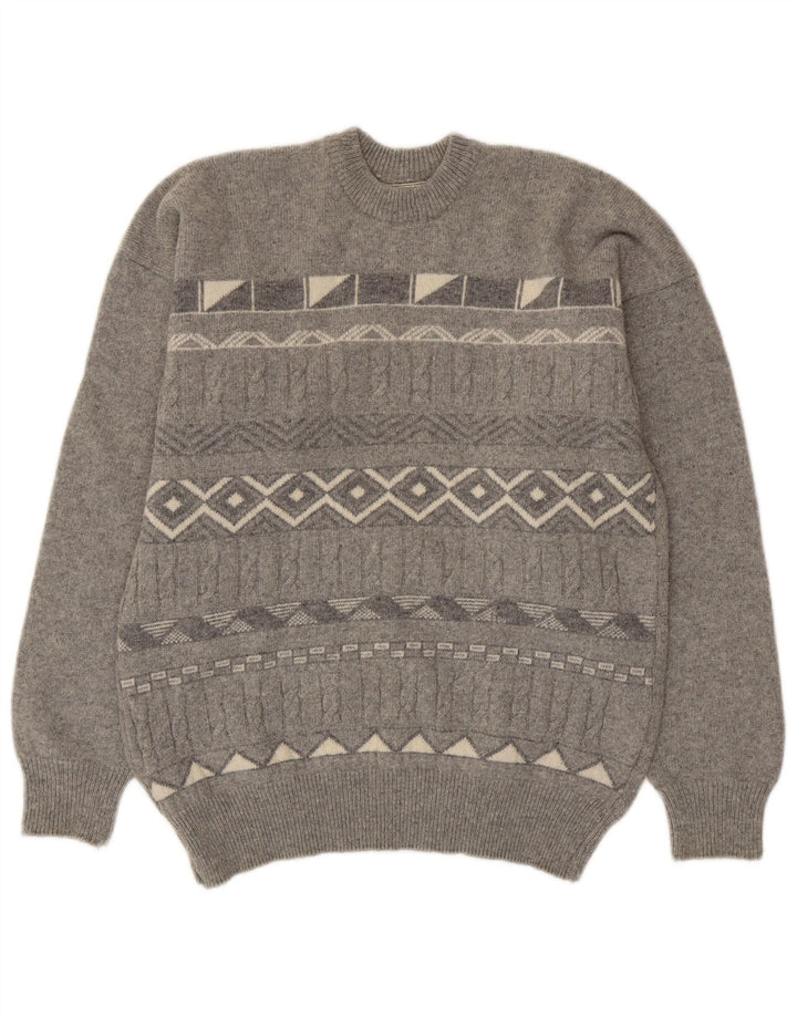vintage Mens Crew Neck Jumper Pull Moyen Gris Géométrique