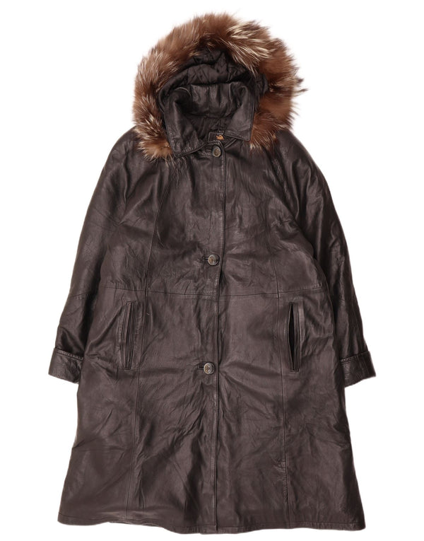 VINTAGE Femme Manteau en cuir à capuche surdimensionné UK 14 Cuir noir moyen