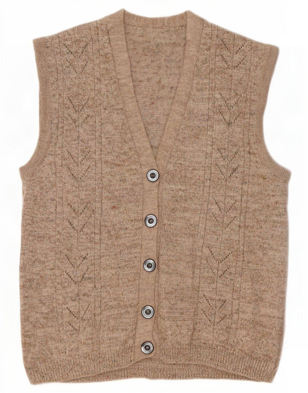 vintage Femme Sans Manches Cardigan Pull UK 14 Moyen Beige Moucheté