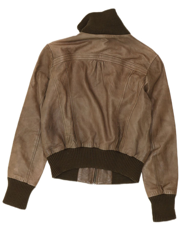 Oasis Womens Leather Jacket UK 14 Medium Khaki Colourblock