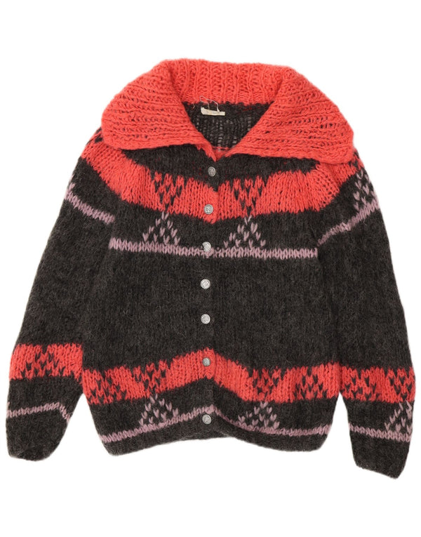 vintage Womens Cardigan Sweater UK 16 Grande laine colorblock gris