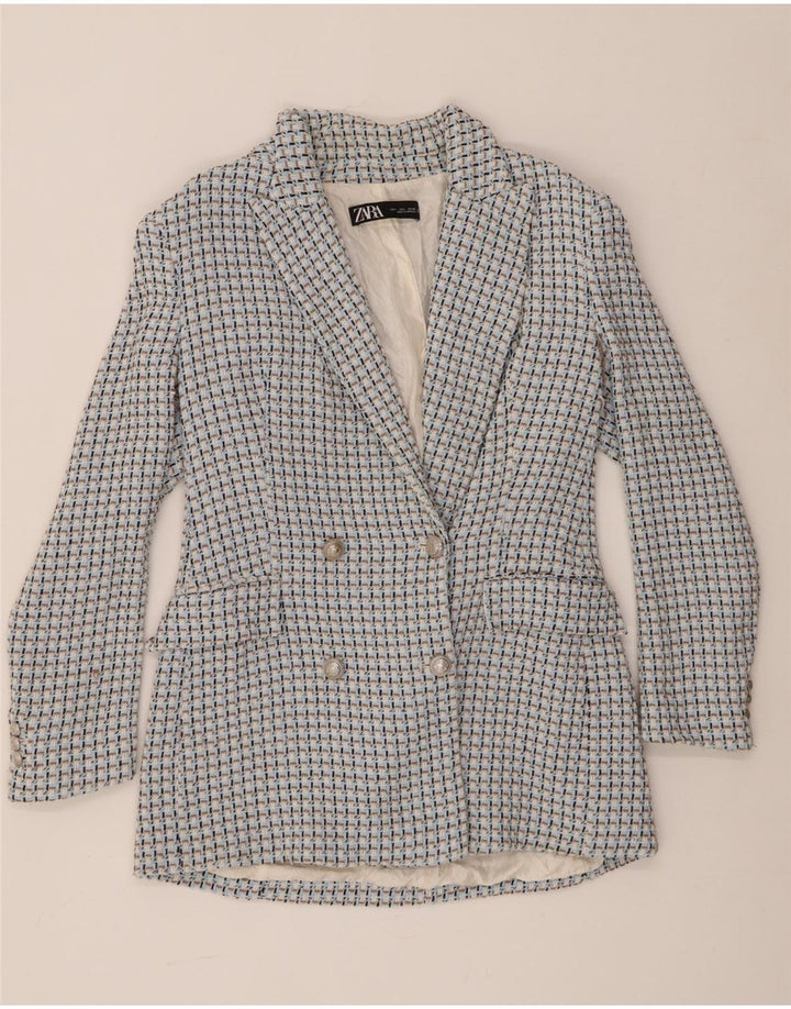 Zara Veste Blazer Double Boutonnage Femme UK 14 Grand Bleu Vichy Coton