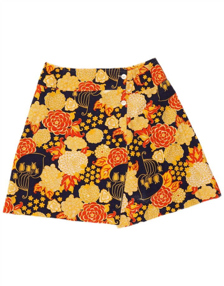 vintage Femmes Mini Jupe Portefeuille W30 Moyen Jaune Floral Rétro