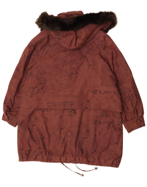 vintage Femmes À Capuchon Surdimensionné Coupe-Vent Manteau UK 16 Grand Brun Floral