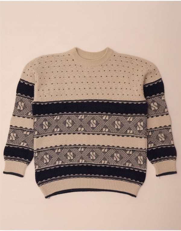 vintage Mens Crew Neck Jumper Pull Grand Beige Géométrique