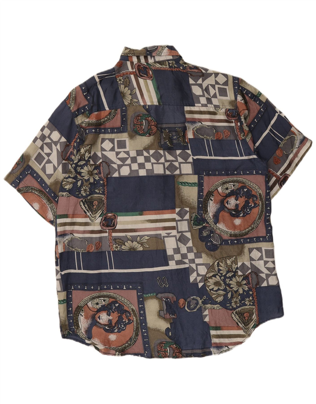 Chemise à manches courtes à motif abstrait pour hommes Vintage, soie bleu marine moyen