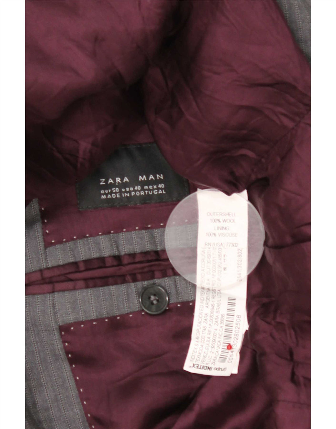 Zara Veste Blazer 3 Boutons Homme EU 50 Laine Rayée Gris Moyen
