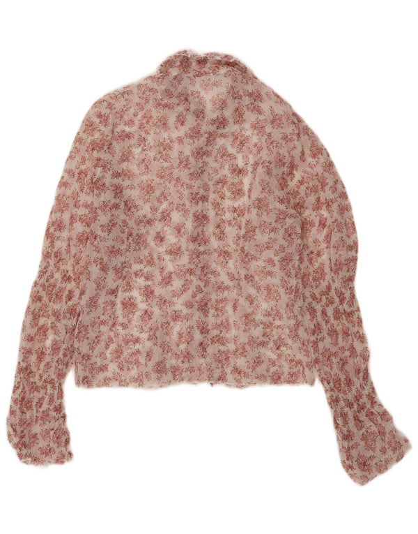 vintage Womens Crop Voir à travers la chemise Blouse UK 12 Floral rose moyen